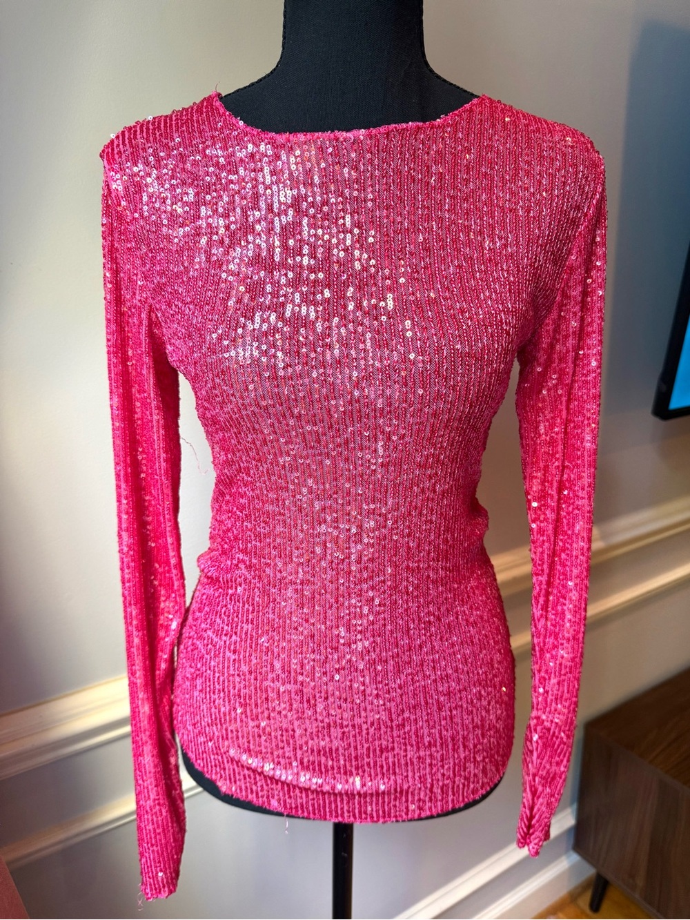 Free People Intimately Pink Sequin Mesh Long Sleeve Party Top XS S